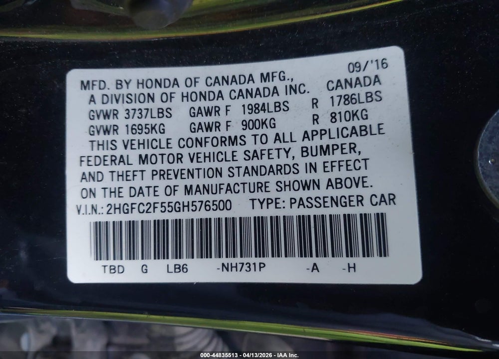 2016 HONDA CIVIC LX VIN: 2HGFC2F55GH576500