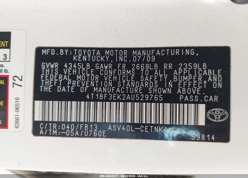 2010 TOYOTA CAMRY LE VIN: 4T1BF3EK2AU529765