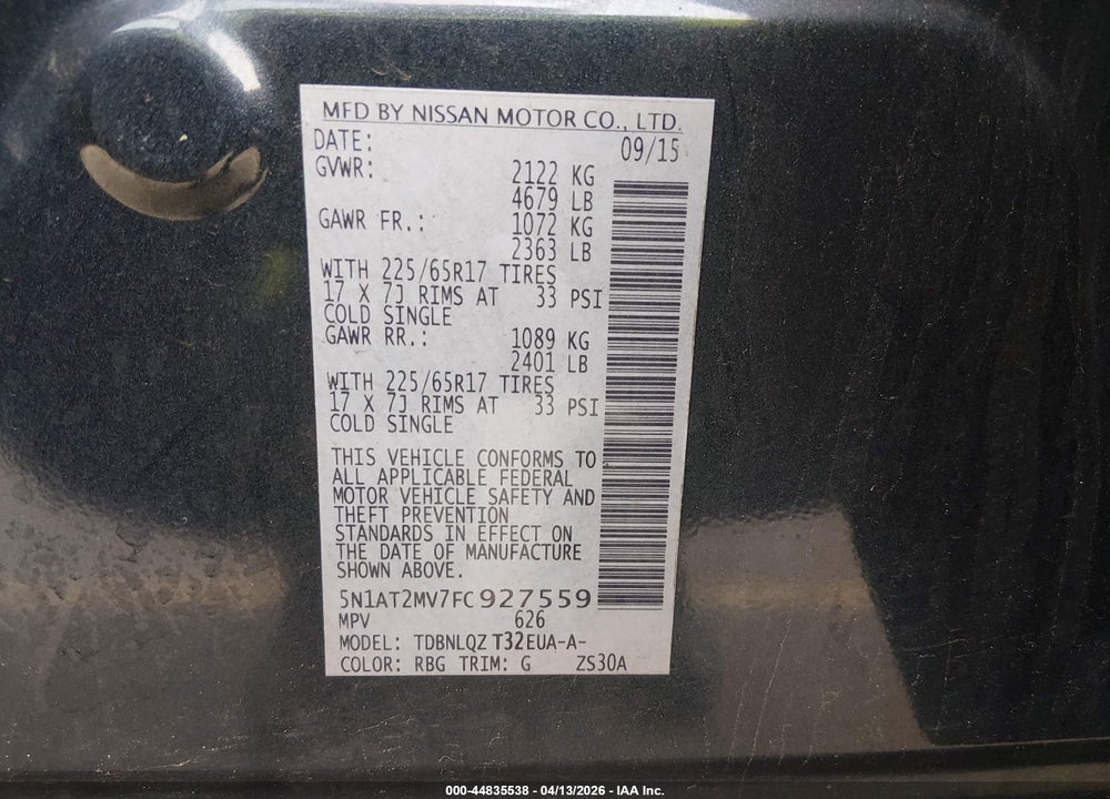 2015 NISSAN ROGUE SV VIN: 5N1AT2MV7FC927559