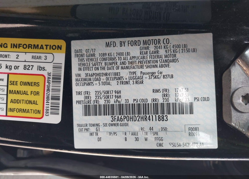 2017 FORD FUSION SE VIN: 3FA6P0HD2HR411883