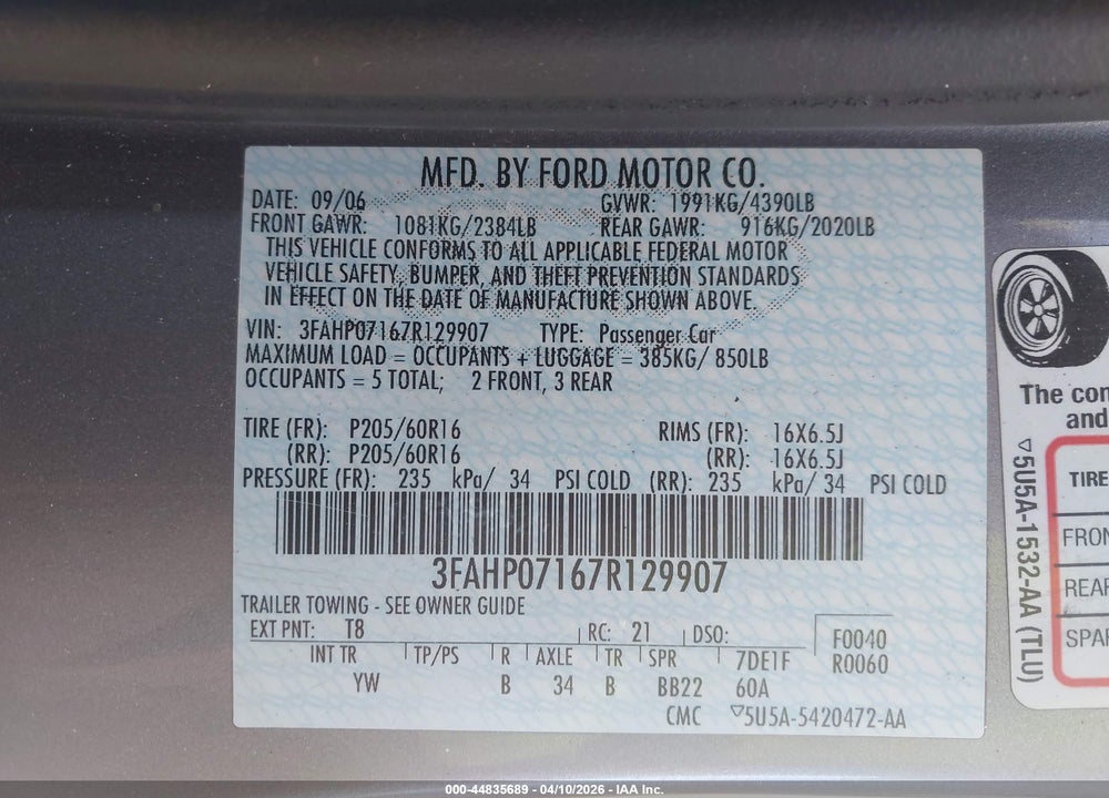 2007 FORD FUSION SE VIN: 3FAHP07167R129907