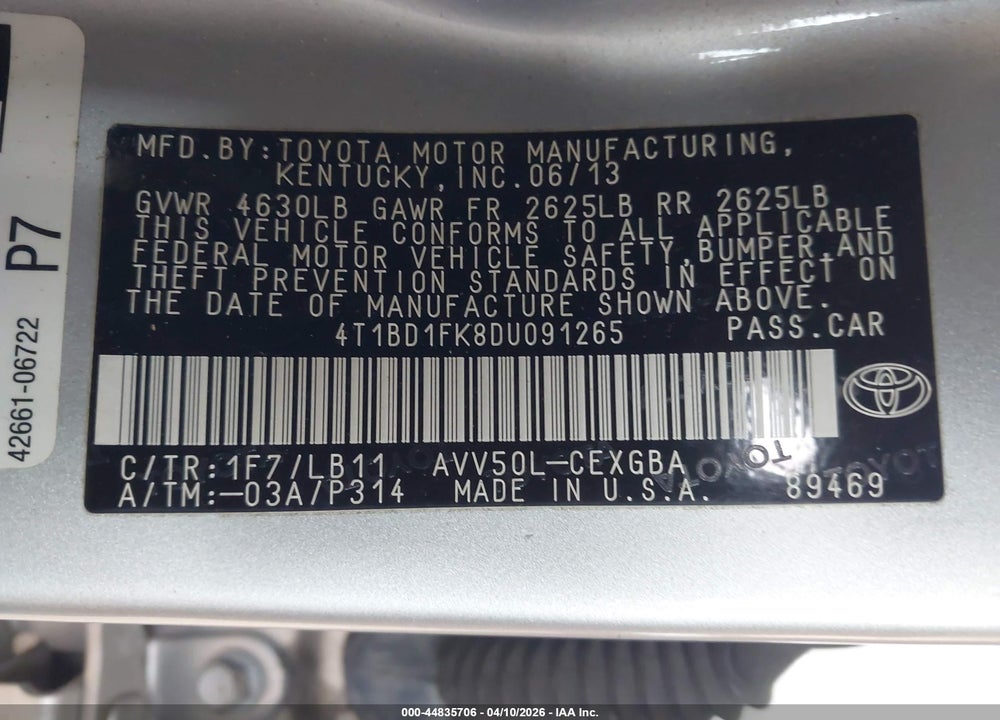 2013 TOYOTA CAMRY HYBRID XLE VIN: 4T1BD1FK8DU091265