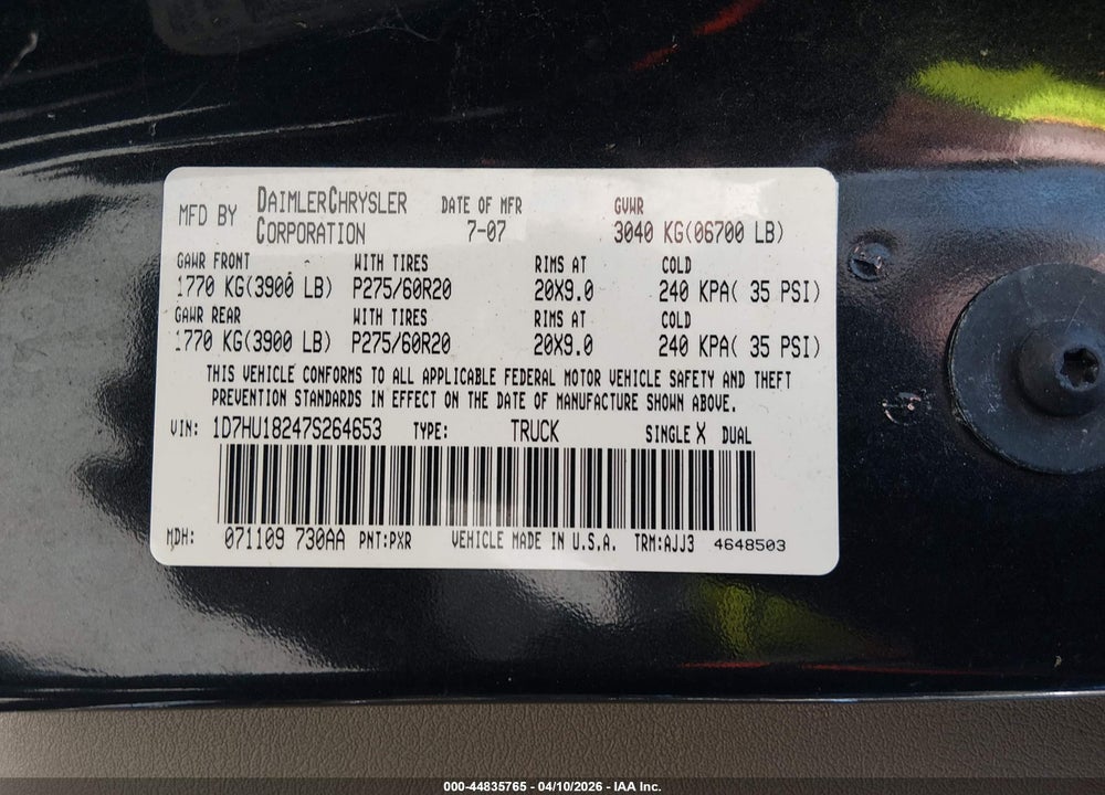 2007 DODGE RAM 1500 SLT/TRX4 OFF ROAD/SPORT VIN: 1D7HU18247S264653