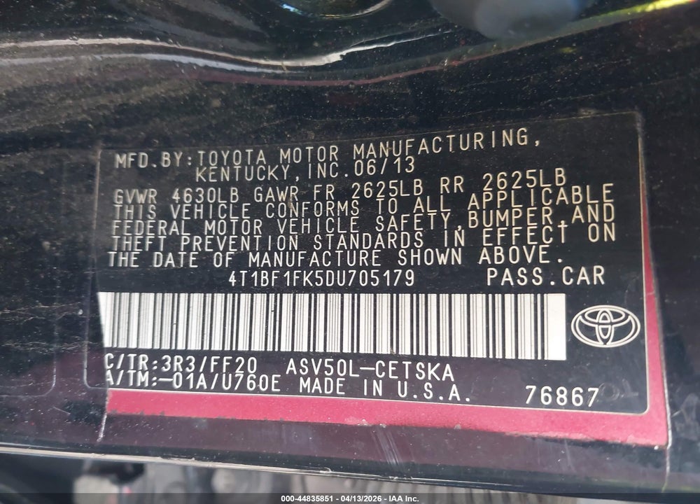 2013 TOYOTA CAMRY SE VIN: 4T1BF1FK5DU705179