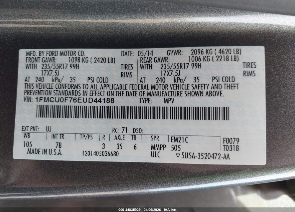 2014 FORD ESCAPE S VIN: 1FMCU0F76EUD44188