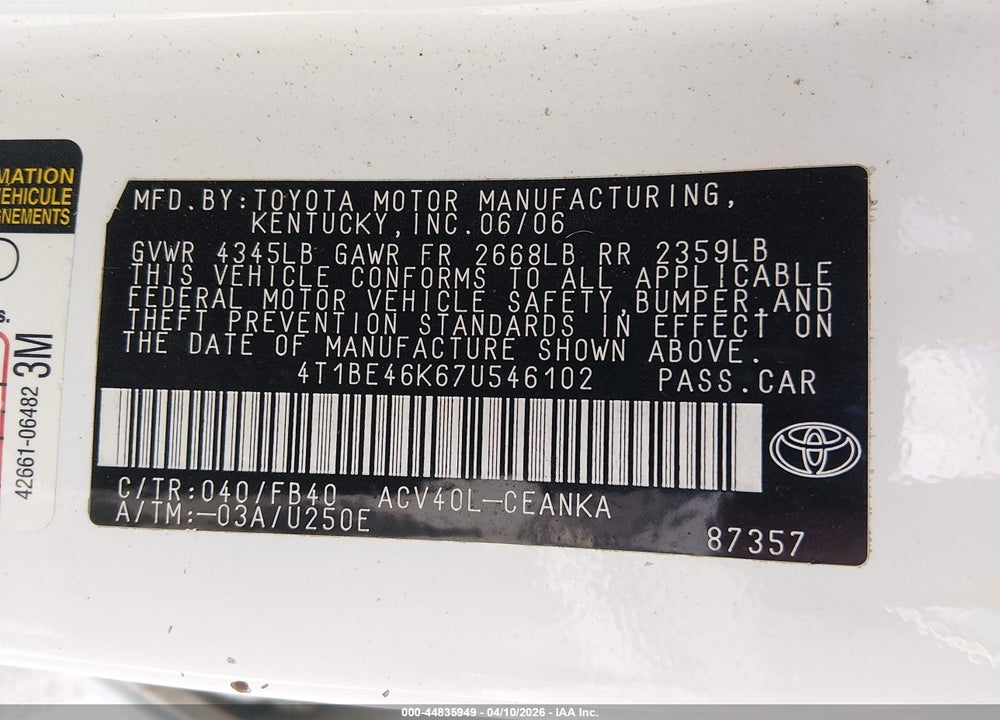 2007 TOYOTA CAMRY LE VIN: 4T1BE46K67U546102