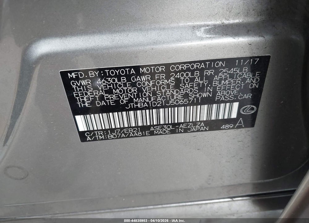 2018 LEXUS IS 300 VIN: JTHBA1D21J5065711