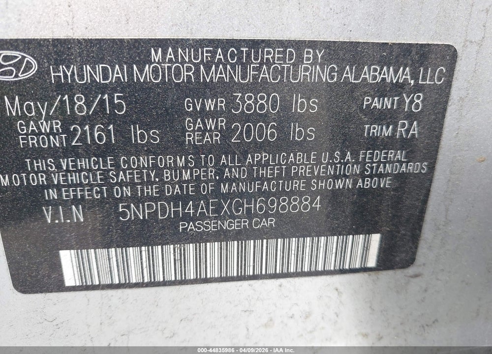 2016 HYUNDAI ELANTRA SE VIN: 5NPDH4AEXGH698884
