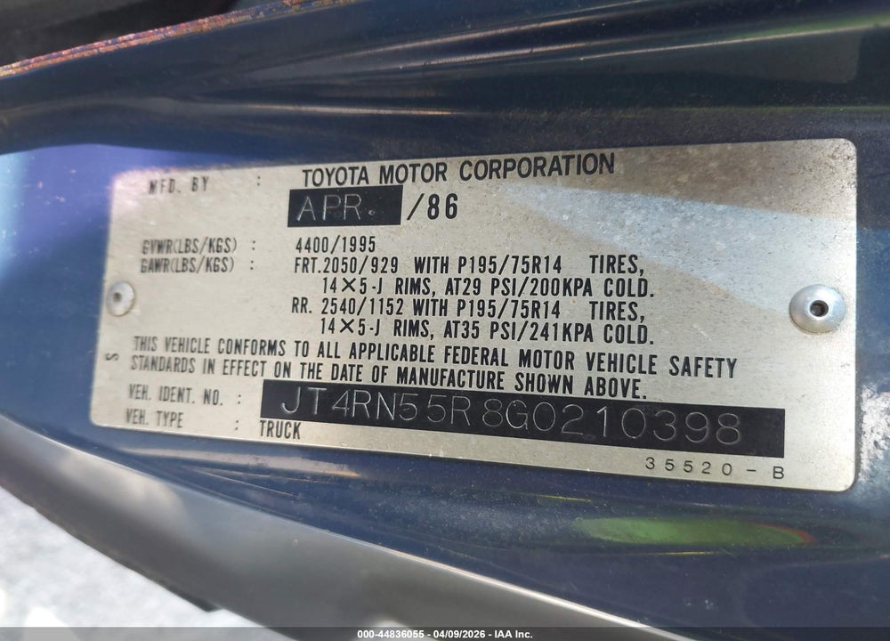 1986 TOYOTA PICKUP 1/2 TON RN55 VIN: JT4RN55R8G0210398