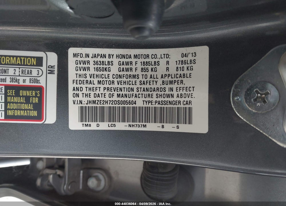 2013 HONDA INSIGHT EX VIN: JHMZE2H72DS005604