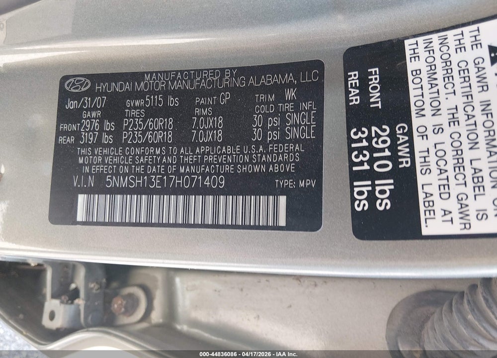 2007 HYUNDAI SANTA FE LIMITED/SE VIN: 5NMSH13E17H071409