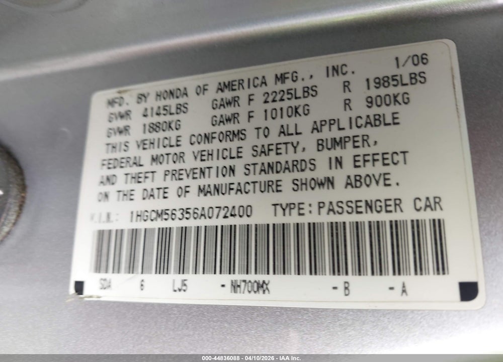 2006 HONDA ACCORD 2.4 SE VIN: 1HGCM56356A072400