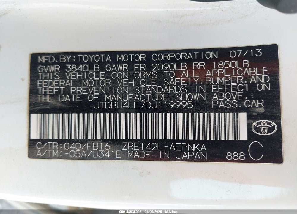 2013 TOYOTA COROLLA LE VIN: JTDBU4EE7DJ119995