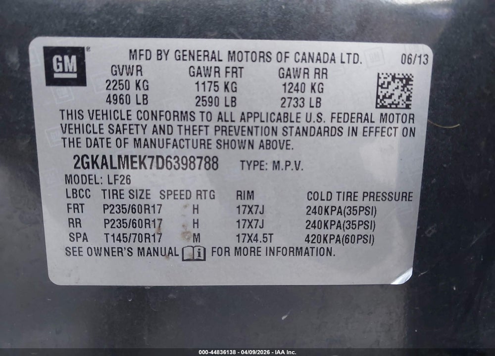 2013 GMC TERRAIN SLE-1 VIN: 2GKALMEK7D6398788