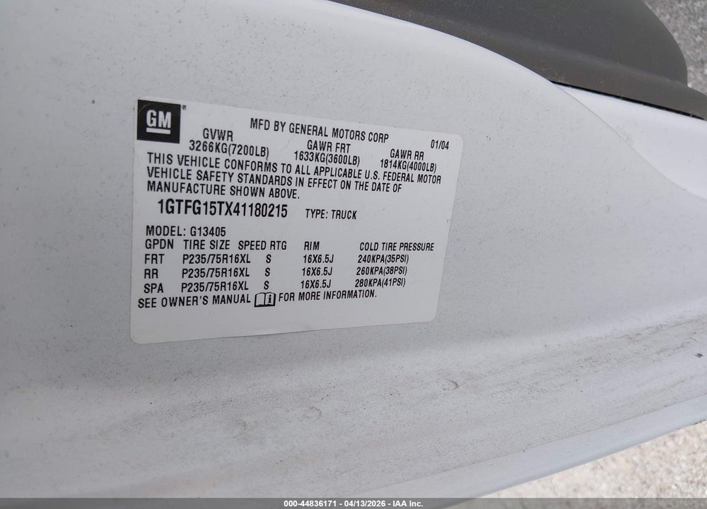 2004 GMC SAVANA STANDARD VIN: 1GTFG15TX41180215