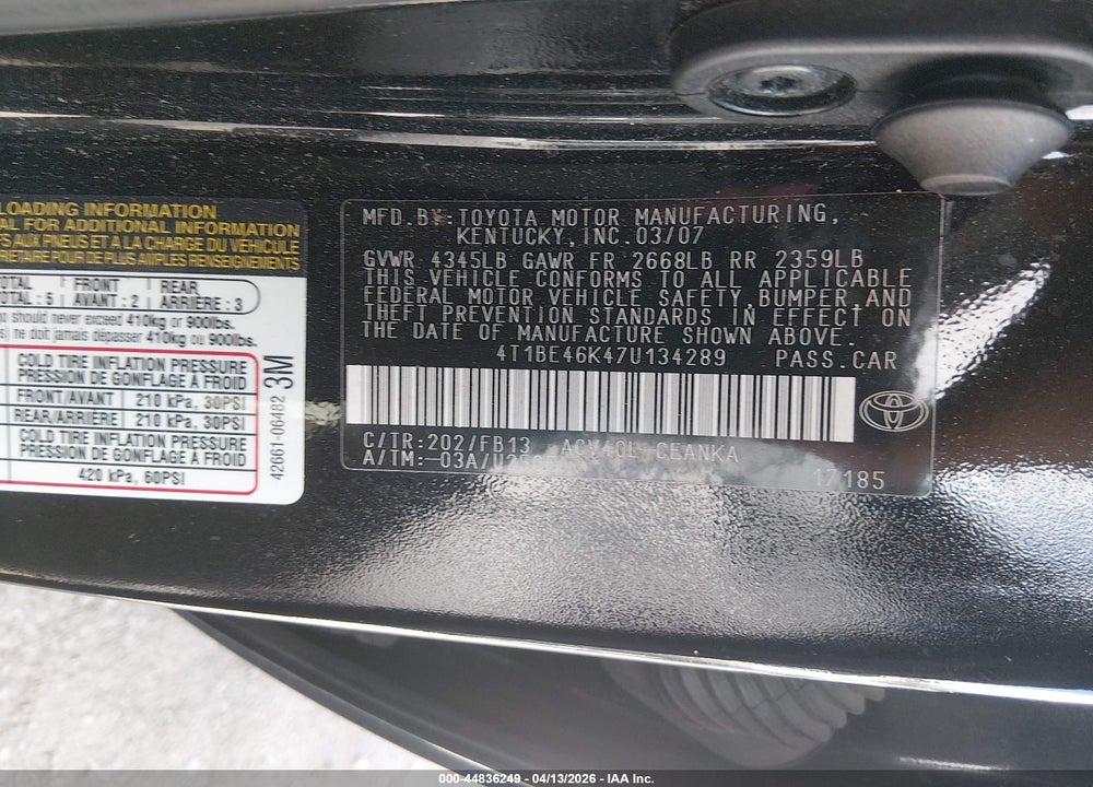 2007 TOYOTA CAMRY LE VIN: 4T1BE46K47U134289