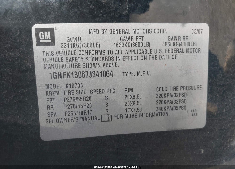 2007 CHEVROLET TAHOE LT VIN: 1GNFK13067J341064