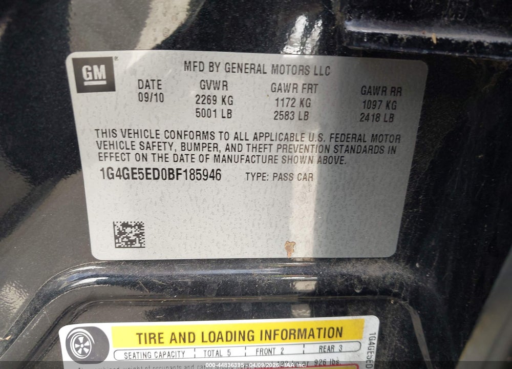 2011 BUICK LACROSSE CXS VIN: 1G4GE5ED0BF185946