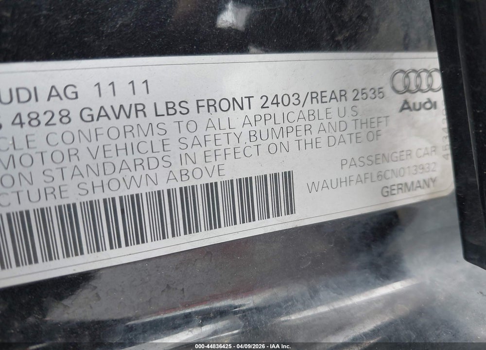 2012 AUDI A4 2.0T PREMIUM VIN: WAUHFAFL6CN013932