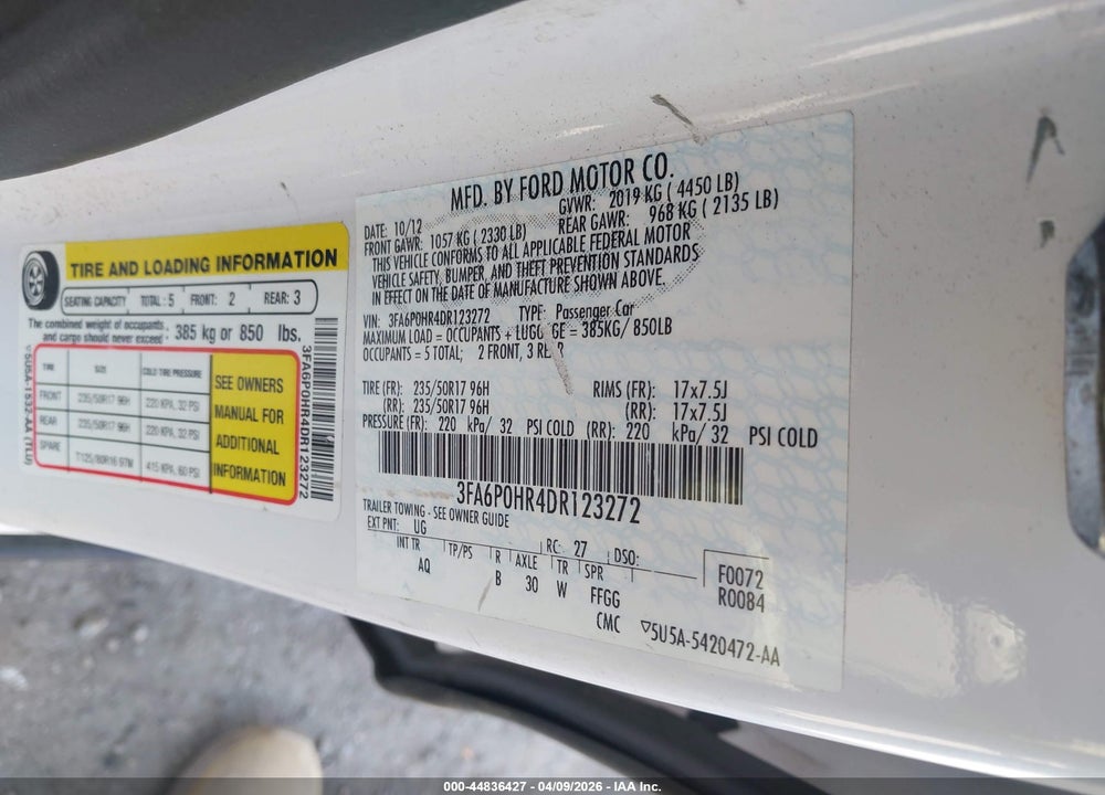 2013 FORD FUSION SE VIN: 3FA6P0HR4DR123272