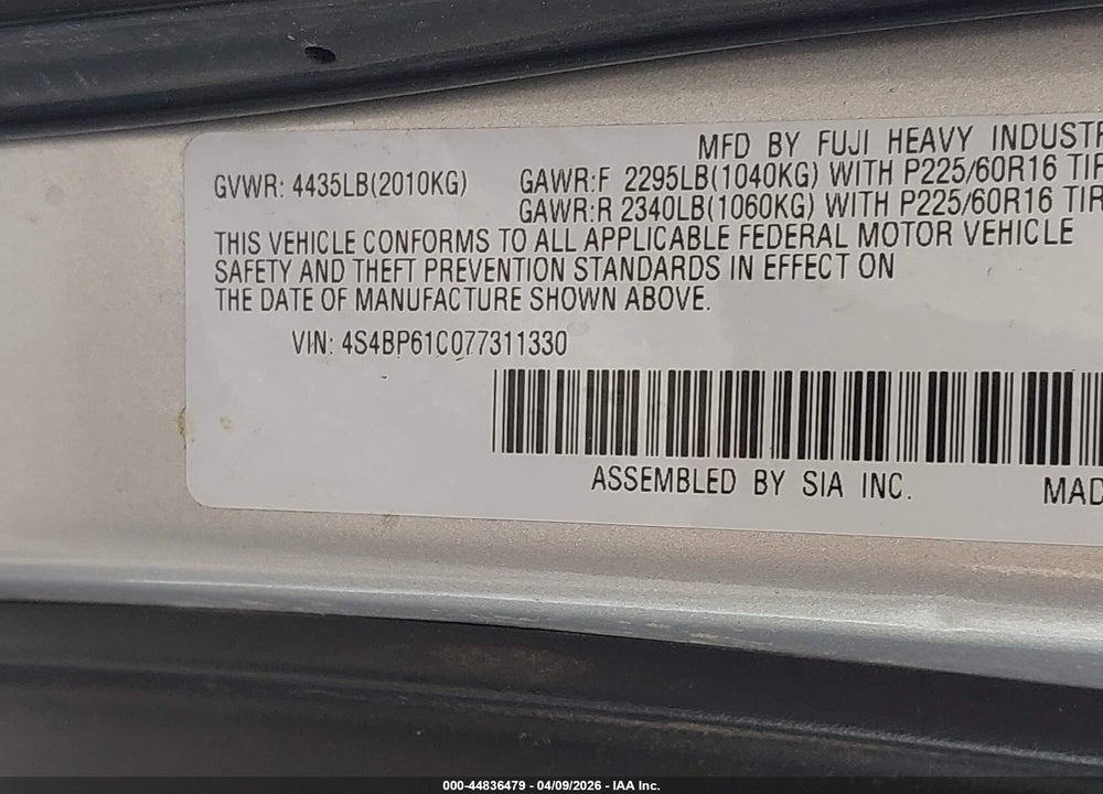 2007 SUBARU OUTBACK 2.5I BASIC VIN: 4S4BP61C077311330