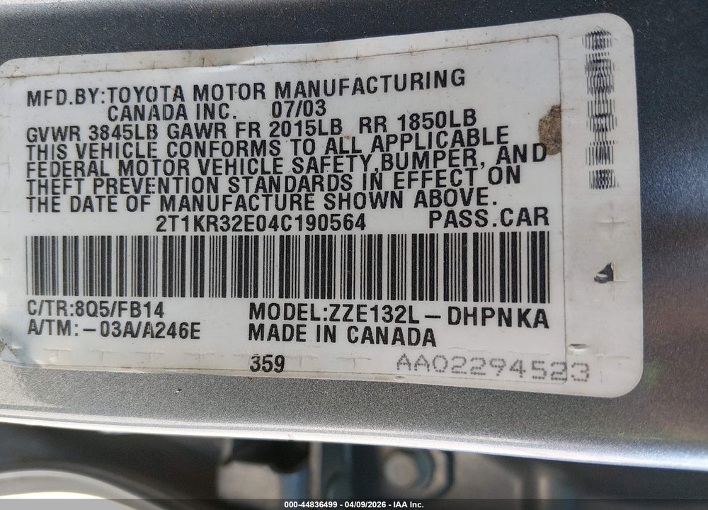 2004 TOYOTA MATRIX XR VIN: 2T1KR32E04C190564