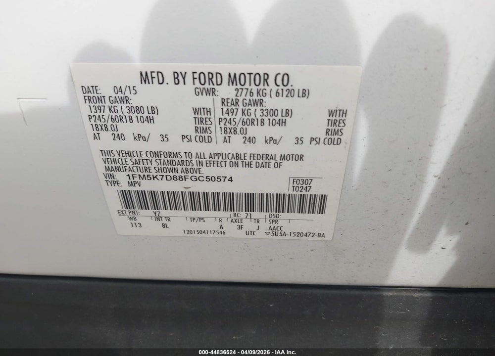 2015 FORD EXPLORER XLT VIN: 1FM5K7D88FGC50574