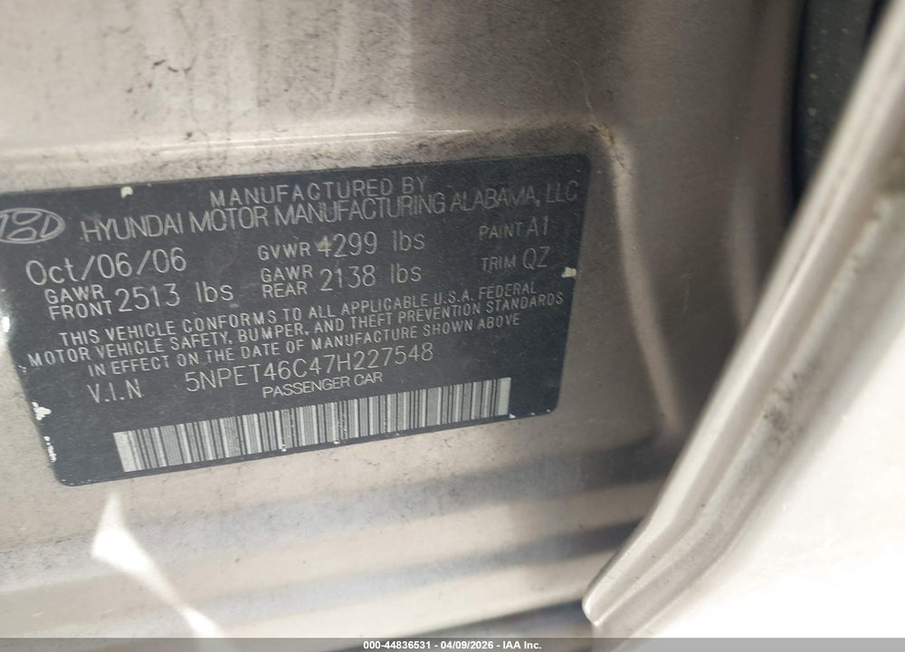2007 HYUNDAI SONATA GLS VIN: 5NPET46C47H227548