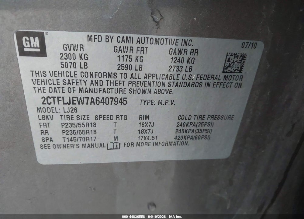 2010 GMC TERRAIN SLT-2 VIN: 2CTFLJEW7A6407945