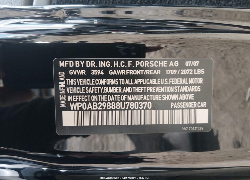 2008 PORSCHE CAYMAN S VIN: WP0AB29888U780370