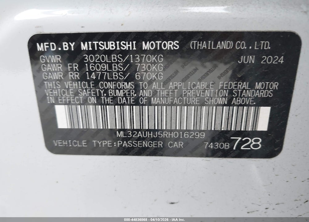 2024 MITSUBISHI MIRAGE ES/LE VIN: ML32AUHJ5RH016299