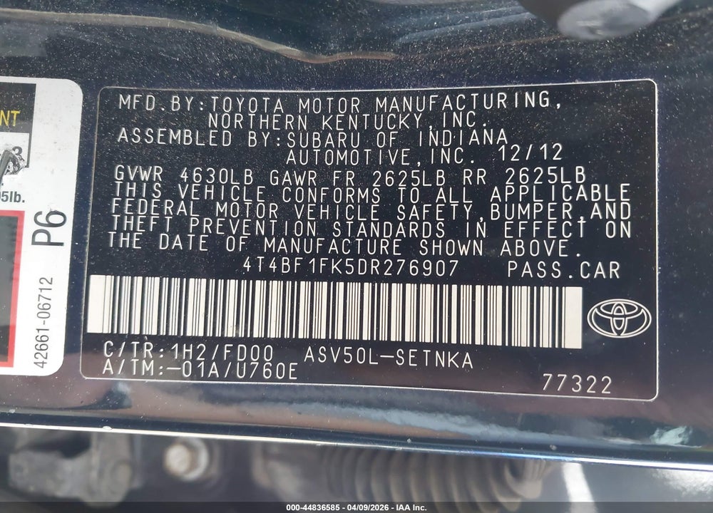 2013 TOYOTA CAMRY LE VIN: 4T4BF1FK5DR276907