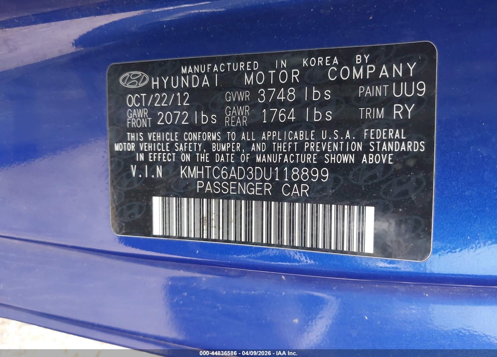 2013 HYUNDAI VELOSTER BASE W/BLACK VIN: KMHTC6AD3DU118899