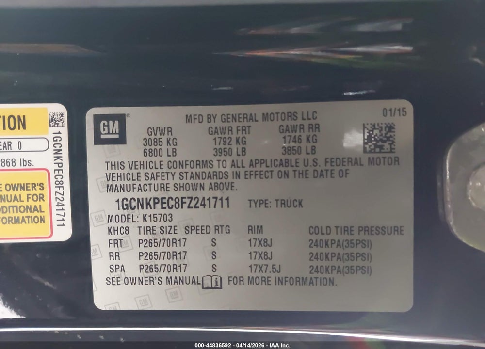 2015 CHEVROLET SILVERADO 1500 LS VIN: 1GCNKPEC8FZ241711