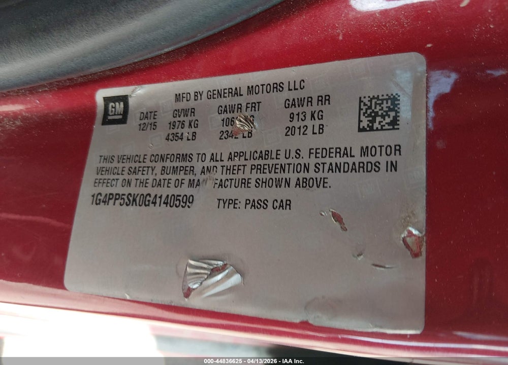 2016 BUICK VERANO VIN: 1G4PP5SK0G4140599