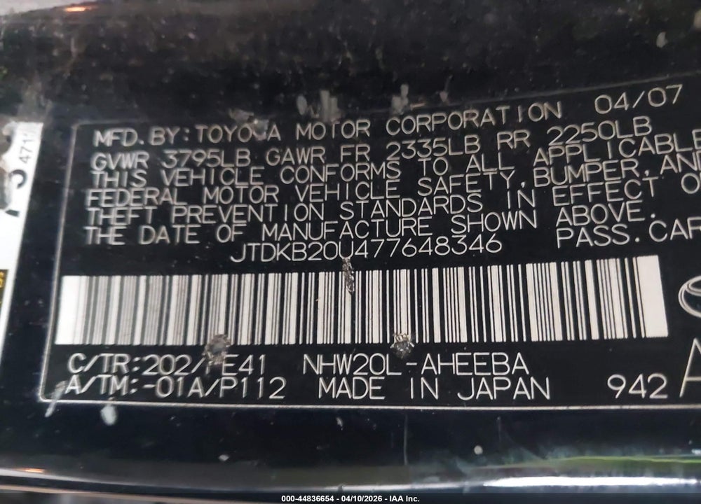 2007 TOYOTA PRIUS VIN: JTDKB20U477648346