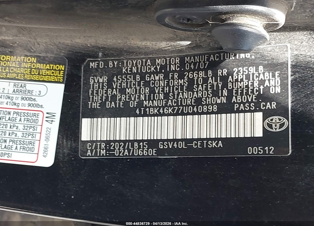 2007 TOYOTA CAMRY SE V6 VIN: 4T1BK46K77U040898