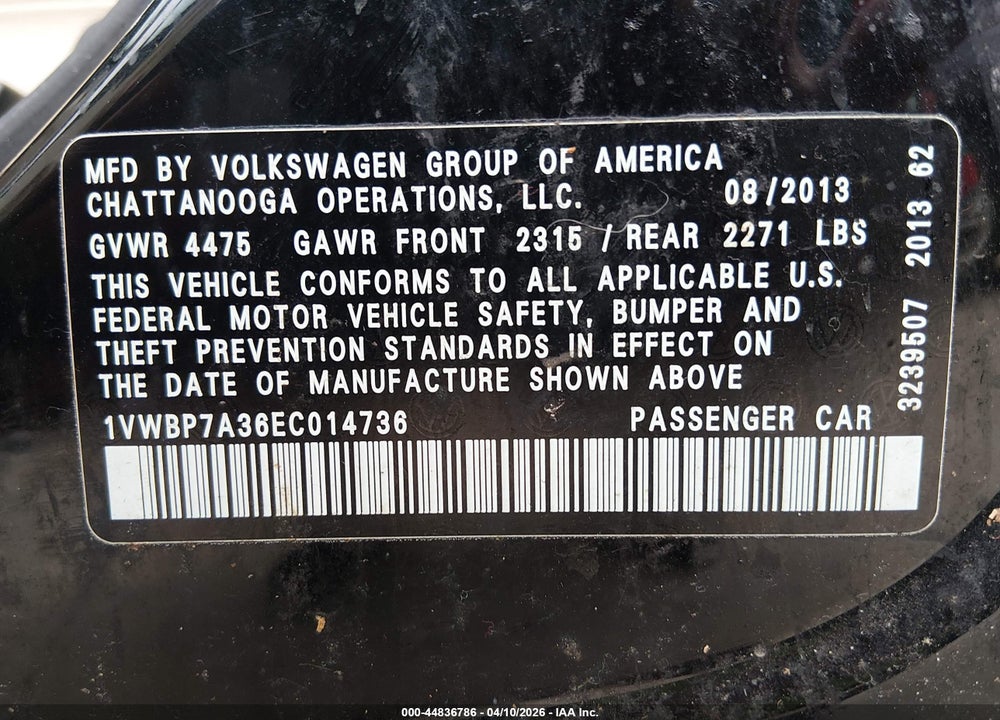 2014 VOLKSWAGEN PASSAT 2.5L SE VIN: 1VWBP7A36EC014736