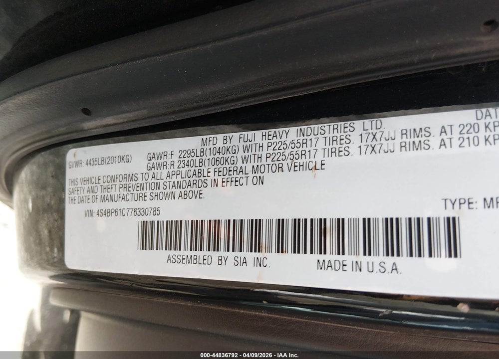 2007 SUBARU OUTBACK 2.5I VIN: 4S4BP61C776330785