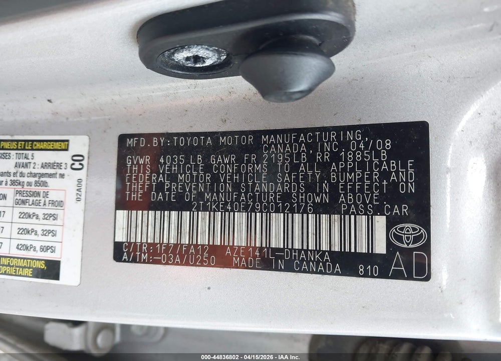 2009 TOYOTA MATRIX S VIN: 2T1KE40E79C012176