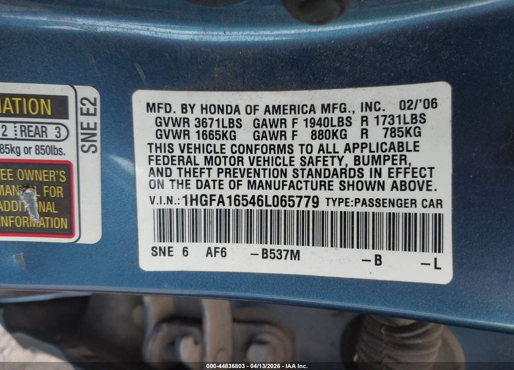 2006 HONDA CIVIC LX VIN: 1HGFA16546L065779