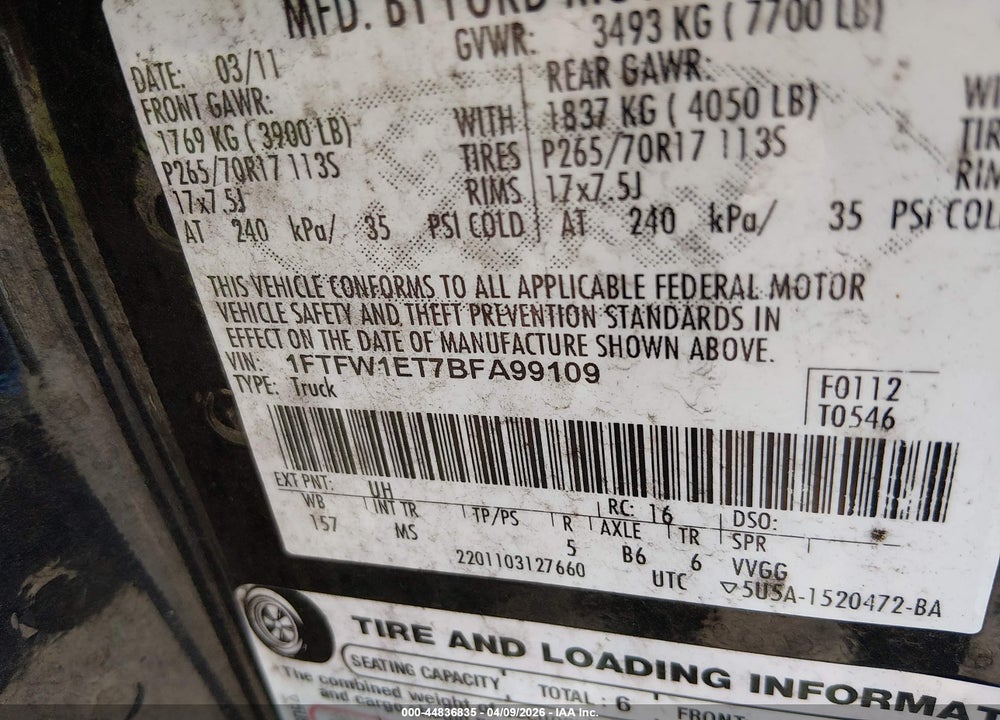 2011 FORD F-150 XLT VIN: 1FTFW1ET7BFA99109