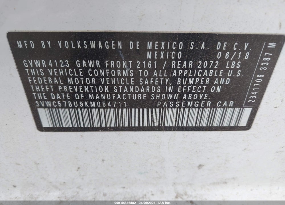 2019 VOLKSWAGEN JETTA 1.4T R-LINE/1.4T S/1.4T SE VIN: 3VWC57BU9KM054711