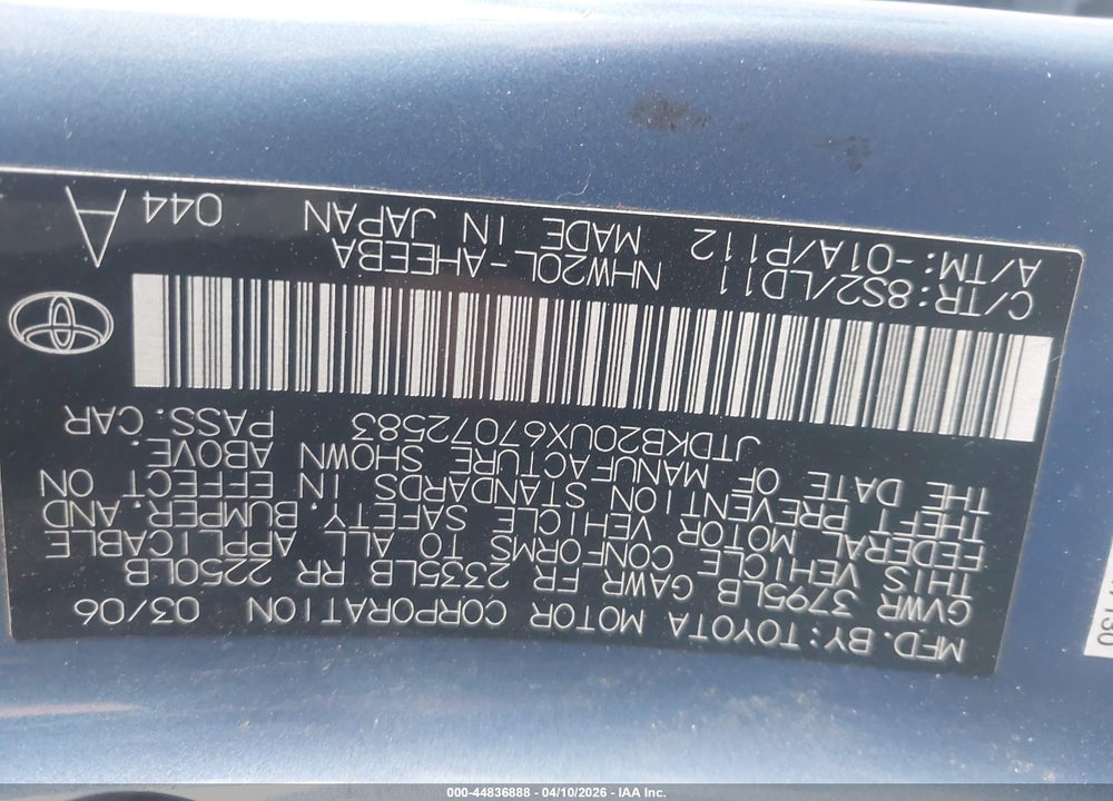 2006 TOYOTA PRIUS VIN: JTDKB20UX67072583