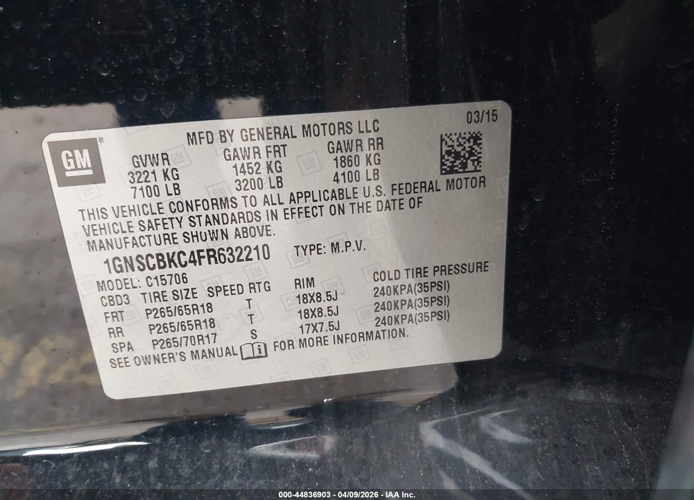 2015 CHEVROLET TAHOE LT VIN: 1GNSCBKC4FR632210