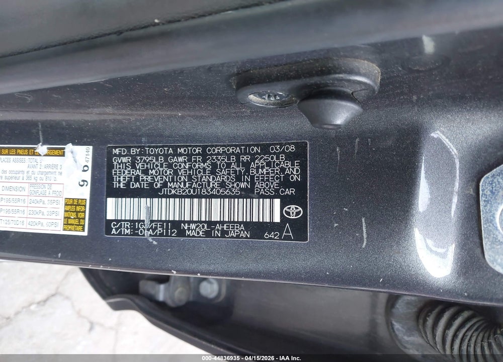 2008 TOYOTA PRIUS TOURING VIN: JTDKB20U183405635