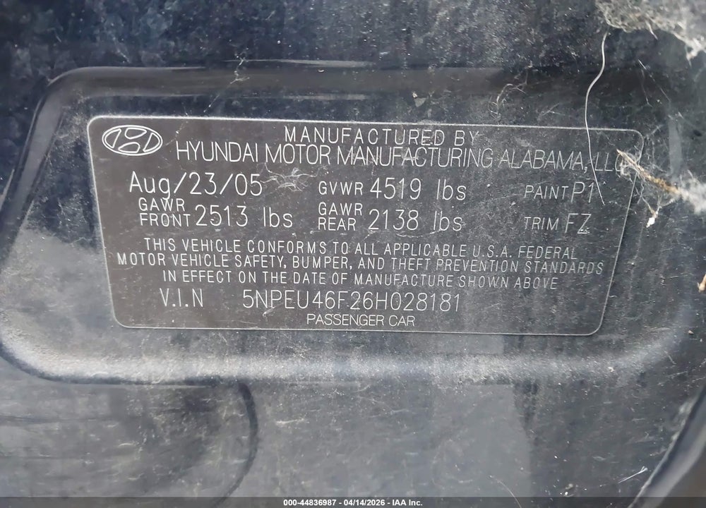 2006 HYUNDAI SONATA GLS V6/LX V6 VIN: 5NPEU46F26H028181