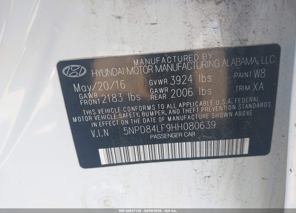 2017 HYUNDAI ELANTRA SE VIN: 5NPD84LF9HH080639