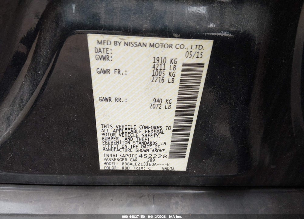 2015 NISSAN ALTIMA 2.5 S VIN: 1N4AL3AP0FC452228