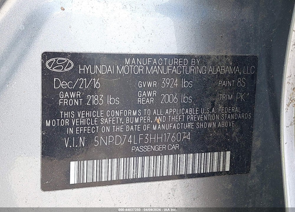 2017 HYUNDAI ELANTRA SE VIN: 5NPD74LF3HH176074